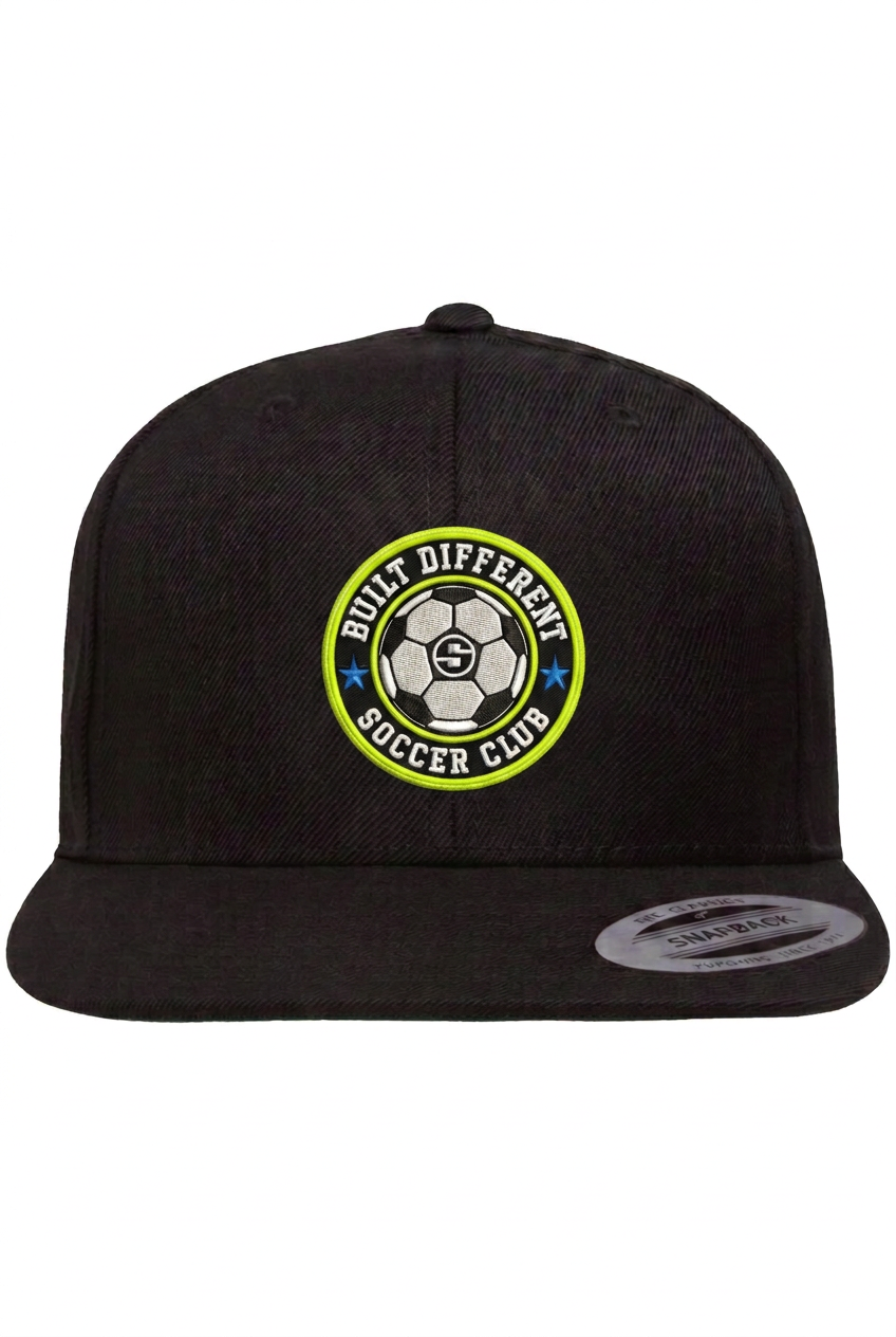 Hat mockup with lime-green embroidery matched to the original graphic, preserving the smaller crest size and centered placement