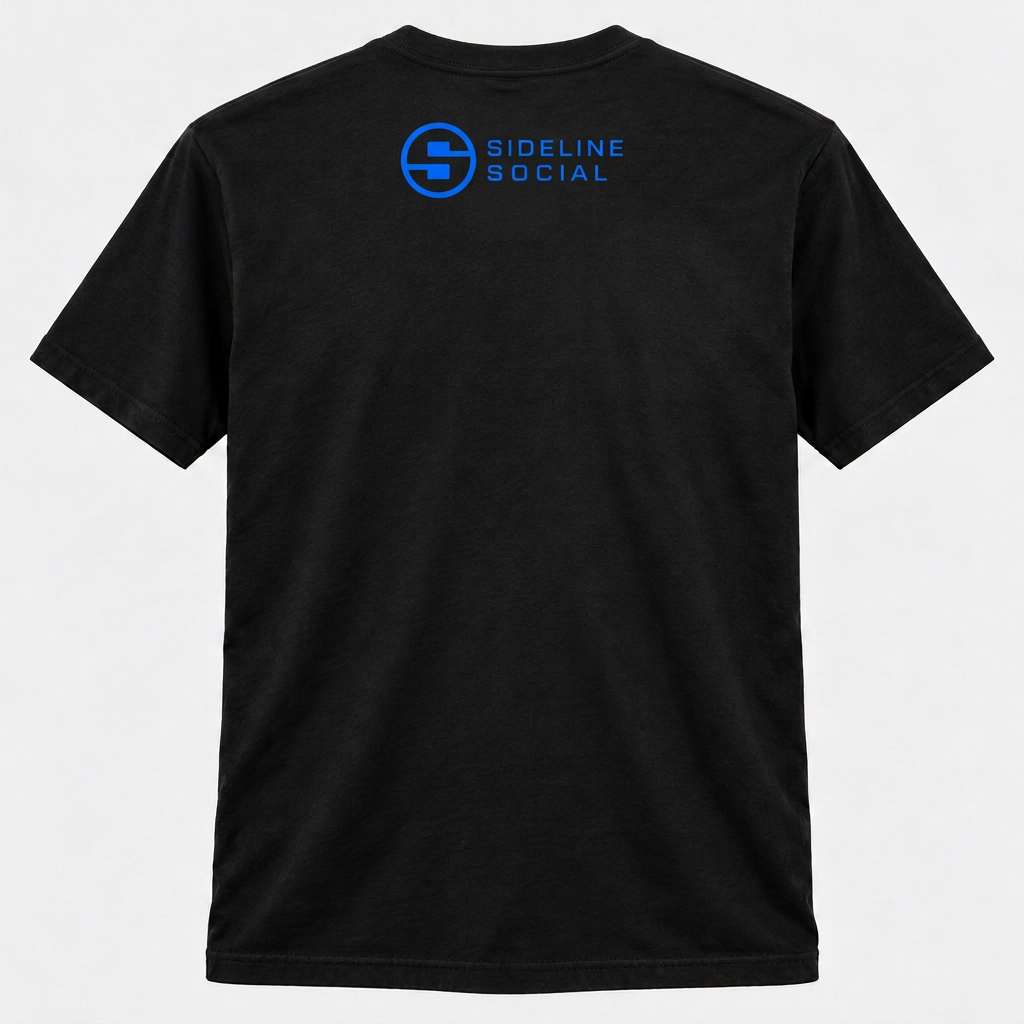 Black tee back mockup with blue horizontal Sideline Social logo centered below the collar