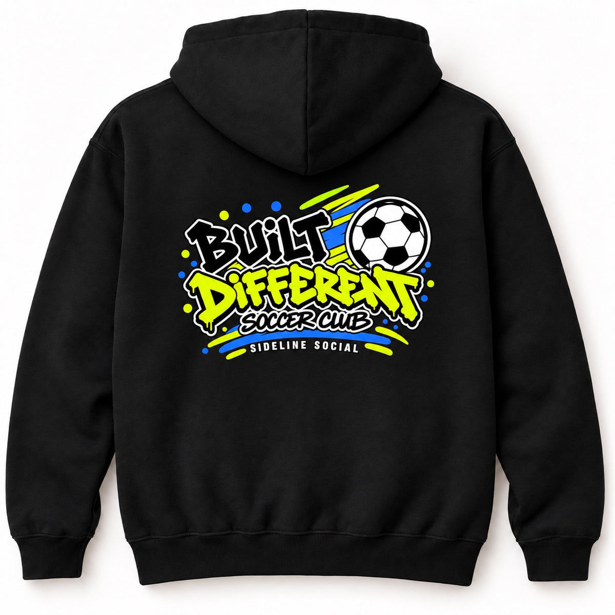 Back of black Built Different Soccer Club hoodie with updated lime, blue and white graphic
