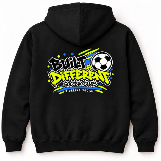 Back of black Built Different Soccer Club hoodie with updated lime, blue and white graphic