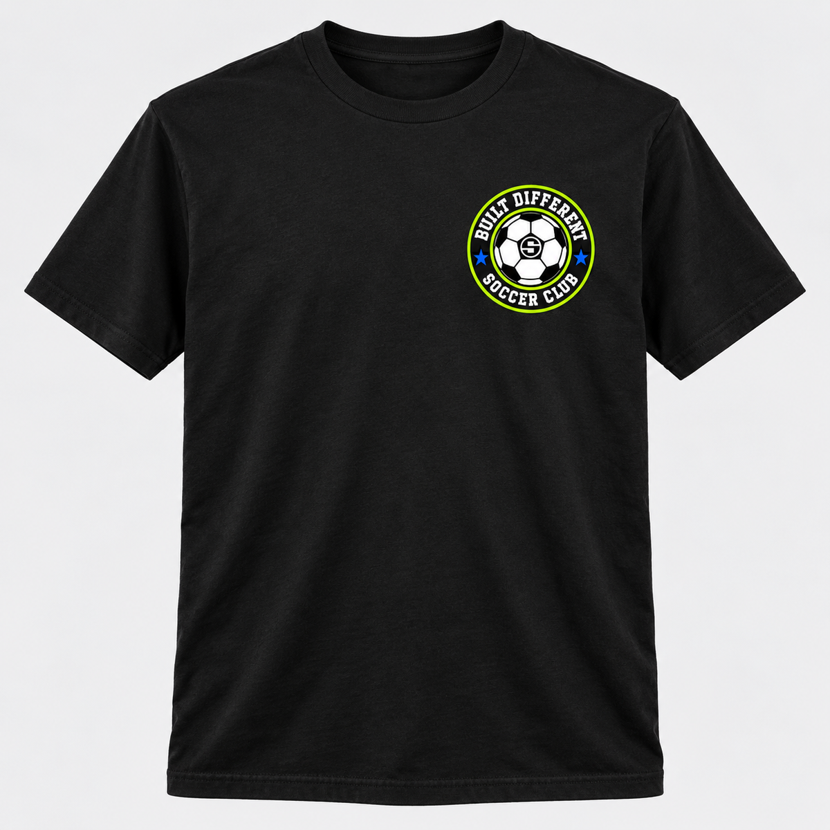 Black Built Different Soccer Club tee with circular lime, white, and blue left-chest crest