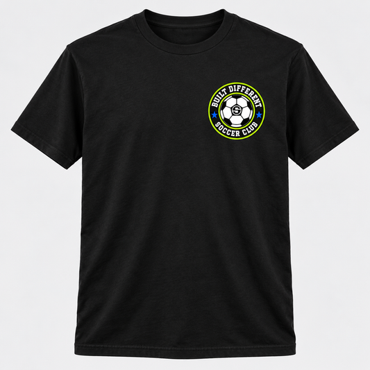 Black Built Different Soccer Club tee with circular lime, white, and blue left-chest crest