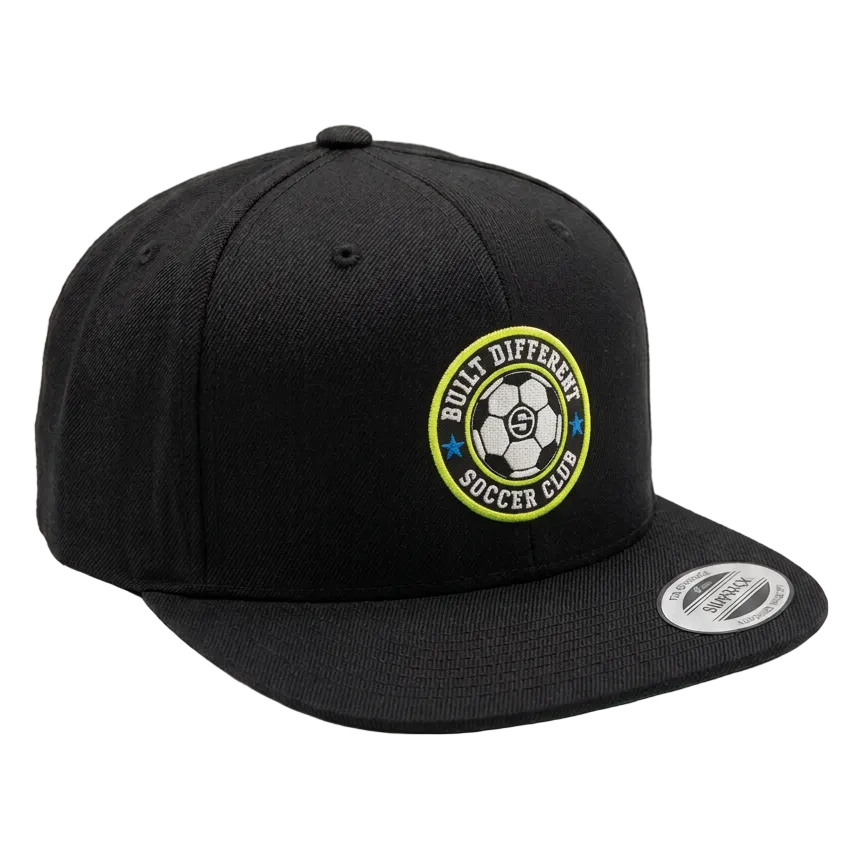 Front-left hat mockup with the embroidered crest reduced by 10%