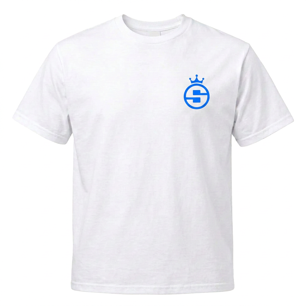 Top Bins white soccer tee front with small blue Sideline Social crown logo on left chest