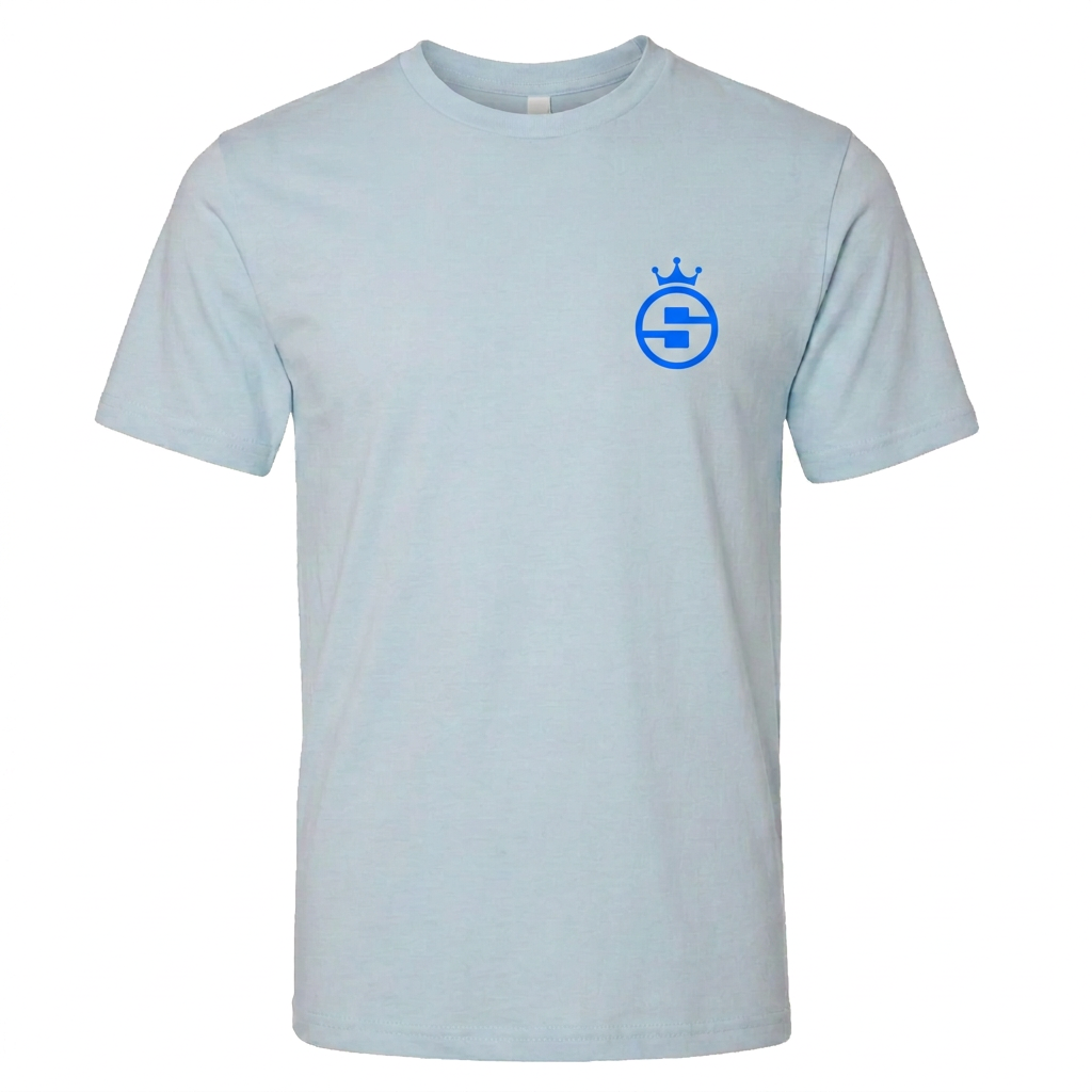 No Limits light-blue soccer tee front with small blue Sideline Social crown logo on left chest