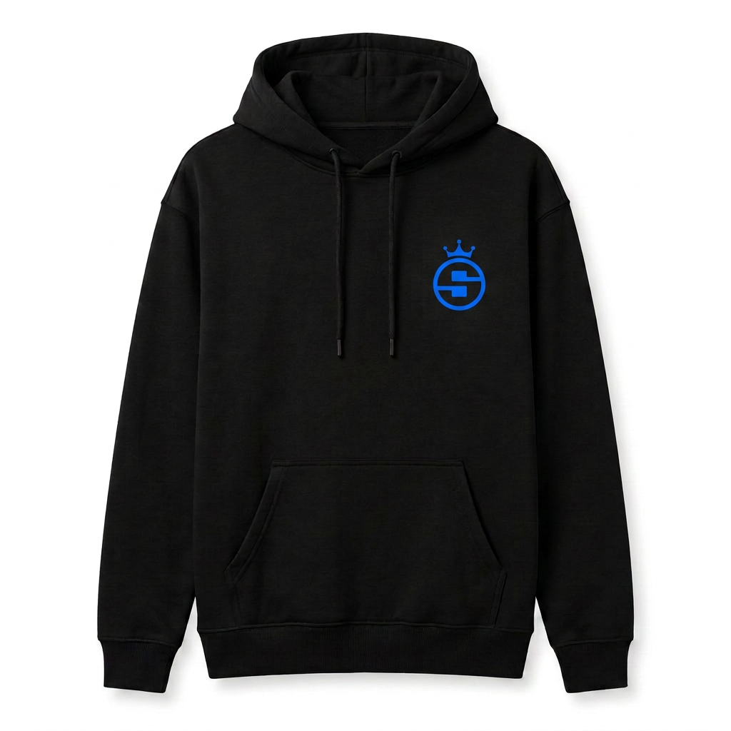 Built Different black hoodie front with small blue Sideline Social crown logo on left chest